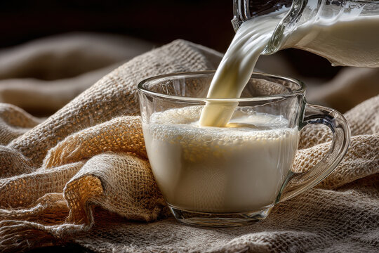 Fresh milk pouring into a vintage cup on linen tablecloth