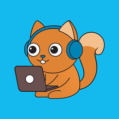 Cartoon squirrel with headphones using a laptop against a blue background