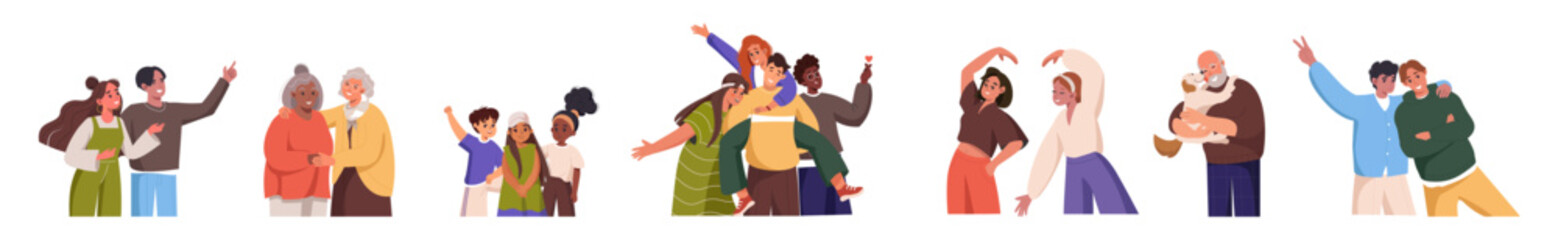 Happy smiling people hugging set. Friends, couples, families embracing, cuddling. Love, support and trust in different relationships concept. Flat vector illustration isolated on white background.