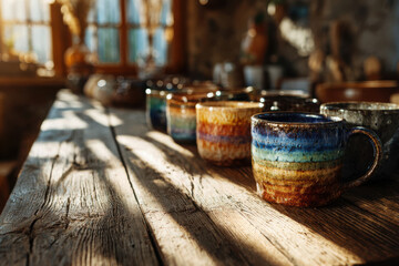 Rustic wooden table adorned with colorful ceramic mugs