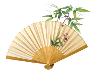 Light beige hand fan, decorative with floral and leaf design, against a dark background