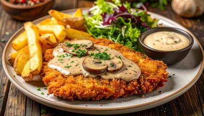 Breaded cutlet with mushroom sauce, fries, and salad on a plate.