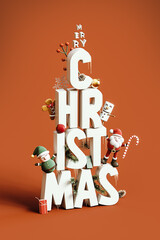White Christmas letters with Christmas symbols on orange background. Creative Merry Christmas banner design. 3D Rendering, 3D Illustration	