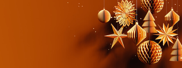 Christmas paper decoration on orange background with copy space. Creative paper crafted Christmas decor. 3D Rendering, 3D Illustration	
