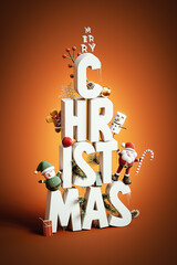 White Christmas letters with Christmas symbols on orange background. Creative Merry Christmas banner design. 3D Rendering, 3D Illustration	
