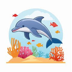 Obraz premium A cartoon illustration of a happy blue dolphin swimming underwater with colorful fish and coral reefs.