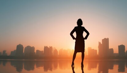 Fototapeta premium Silhouette of Businesswoman at Sunset Over City Skyline