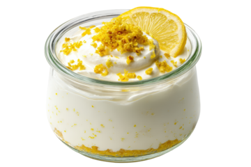 A glass jar containing a creamy white dessert topped with lemon zest and a lemon slice isolated on transparent background