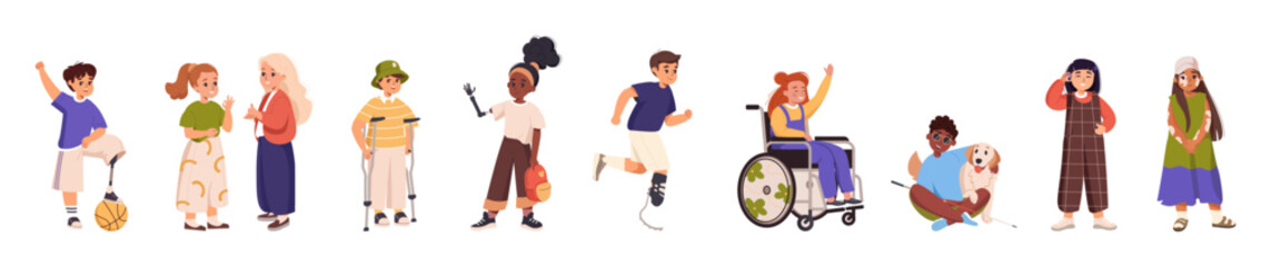 Set of diversity children with disability together. Collection inclusive people kids vector flat cartoon illustration. World disability day. Girl in a wheelchair, blind boy, people with prosthesis, ca
