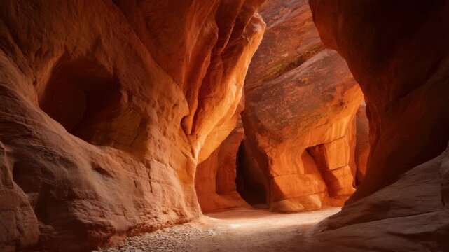 Enjoy the beauty of unique rock formations and quiet pathways found in a hidden canyon as warm light creates a magical atmosphere. Nature reveals its wonders here