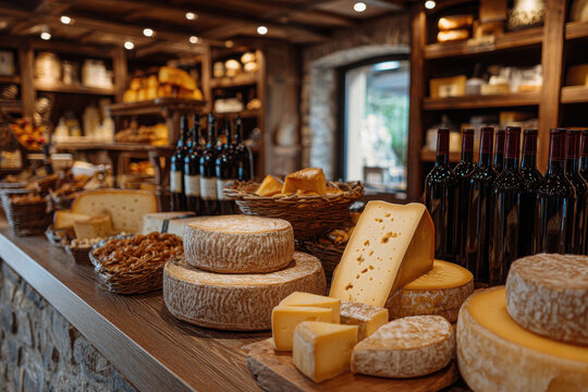 Cheese and wine display in a rustic shop during evening hours