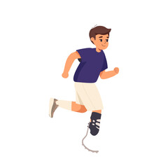 Kid with prosthetic leg run on race. Little smiling boy kid cartoon character with bionic leg running vector illustration isolated on white. Concept of inclusion children with disability. World disabi