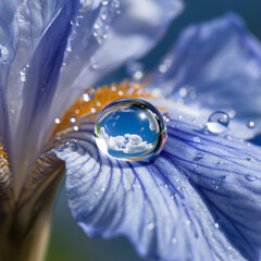 There's a drop of water on a blue flower, and the sky is visible in the drop.