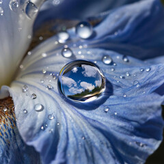 There's a drop of water on a blue flower, and the sky is visible in the drop.
