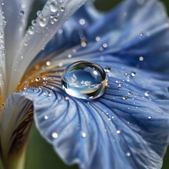 There's a drop of water on a blue flower, and the sky is visible in the drop.