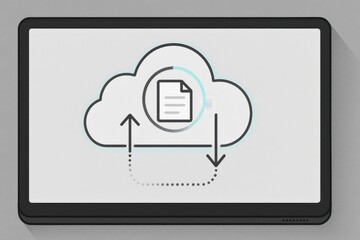 Flat design tablet screen with cloud file transfer icon and document upload arrows
