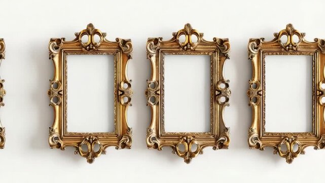 Decorative ornate gold frames mounted on a clean white wall