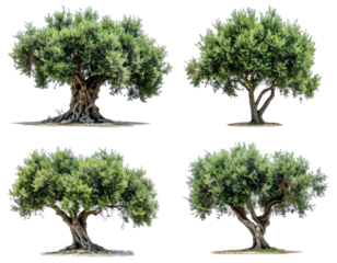 Four mature olive trees, diverse in form, displayed against a plain background.  Each shows intricate root systems and lush green foliage