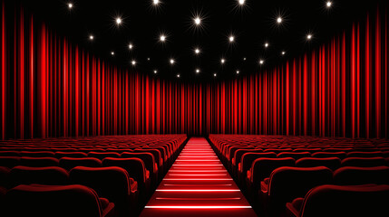 Empty theater with red curtains and illuminated aisle leading to stage