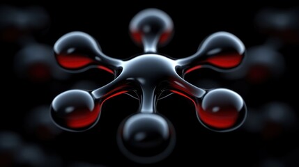 Abstract Molecular Structure: A 3D Render of a Shiny, Dark Metallic Molecule with Red Accents