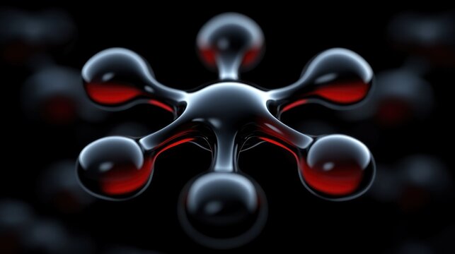 Abstract Molecular Structure: A 3D Render of a Shiny, Dark Metallic Molecule with Red Accents - Powered by Adobe