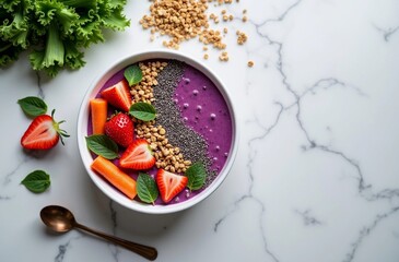 Smoothie Bowl with Chia Seeds and Fresh Vegetables on Clean Marble Table, Healthy Lifestyle Flat Lay