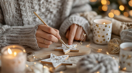 Cozy scene featuring a woman in a knitted sweater painting decorative star ornaments on a wooden surface, surrounded by candles and festive lights, capturing holiday spirit and creativity