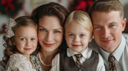 Family portrait featuring a smiling woman, two children, and a man, all dressed in formal attire, surrounded by festive decorations, capturing warmth and togetherness in a joyful atmosphere