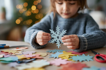 Young child with brown hair, wearing a cozy sweater, is crafting paper snowflakes at a table surrounded by colorful cutouts, creating a festive atmosphere for winter activities