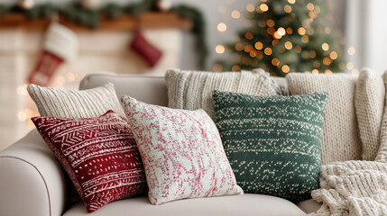 Cozy living room scene featuring decorative pillows in festive colors on a soft sofa, with a beautifully lit Christmas tree and warm ambiance creating a holiday atmosphere