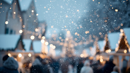 Snowy winter market scene with festive lights, blurred figures, and falling snowflakes creating a magical atmosphere during the holiday season, perfect for seasonal celebrations