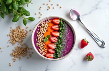 Healthy colorful smoothie bowl with fresh fruits and chia seeds, vegan breakfast
