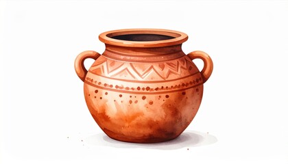 Terracotta Pot with Handles and Geometric Etchings in Watercolor Style on White Background