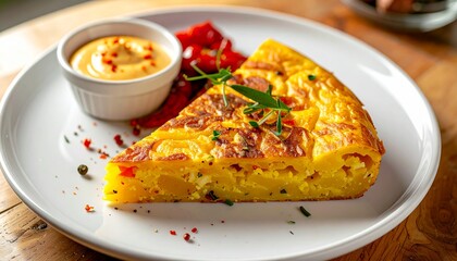 Slice of Spanish tortilla with sauce and roasted peppers on a white plate.