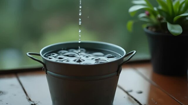 Rainwater drips into a pail on a wooden surface with a blurred outdoor background