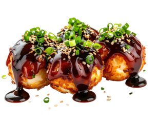 Three savory, round takoyaki balls, glistening with dark brown sauce, topped with chopped green onions and sesame seeds