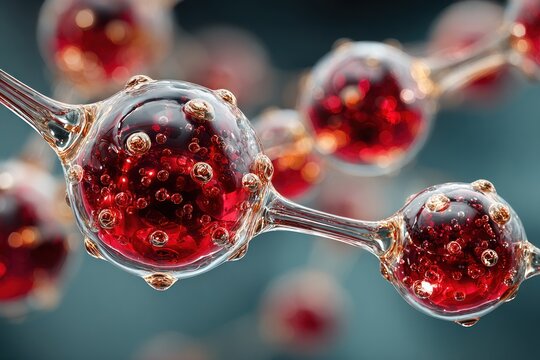 Close-up of connected transparent spheres filled with red liquid on blue background.