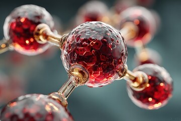 Molecule structure with red spheres connected by gold rods on a blurred background.