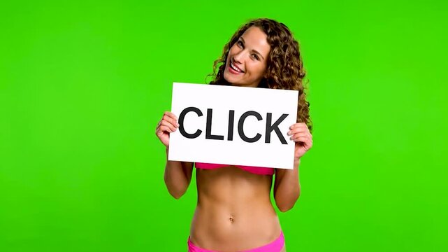 An excited curly haired woman in bikini holding a click sign against a green screen, ideal for call to action and online marketing green screen video