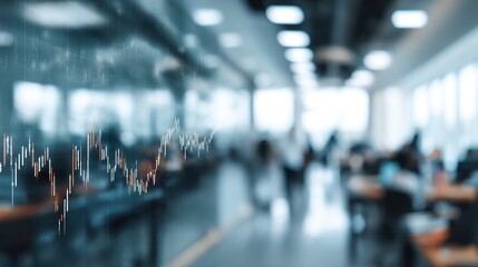 Blurred office interior with people working and a financial chart overlayed.