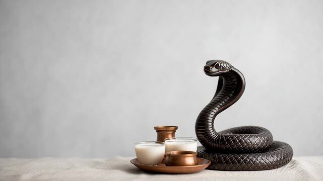 Snake Idol with Milk Offering for Nag Panchami Festival