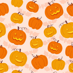 A pattern of cartoonstyle jackolanterns on a light pink background with bat silhouettes