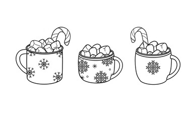 Set Christmas cups of drink and sweets. Hand drawn sketch illustration. Coloring for kids and adu lts. Black and white line art