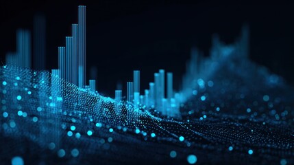 Abstract visualization of data with glowing blue lines and bar graphs.