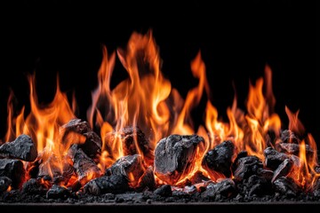 Flames burning over charcoal or rocks against a dark background.