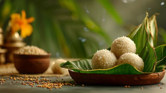 Traditional Rice Balls on Banana Leaf for Ritual Offering