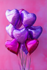 Fototapeta premium Bunch of shiny heart-shaped balloons in various shades of pink and purple, floating against a matching pink backdrop. Celebration, party.
