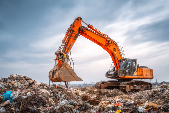 A prominent orange excavator towers over a landfill, set against a cloudy sky, showing a scene of environmental management.
