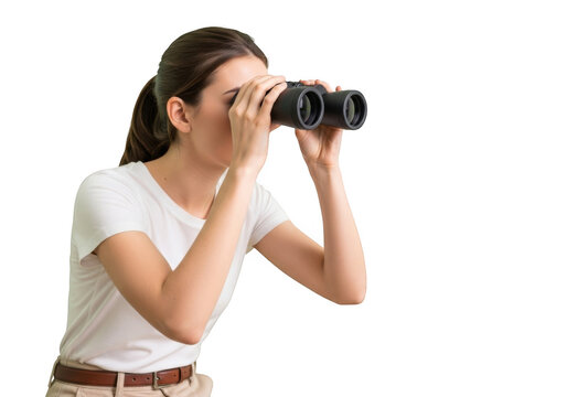 Woman looking through binoculars focusing on distant objects with intense concentration isolated on transparent background