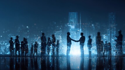 Silhouetted people shake hands in a futuristic city with blue lighting.